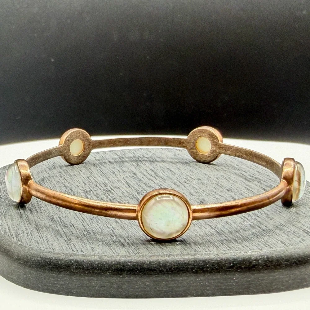 Pearlescent Shell Cabochon Copper Tone Bangle Bracelet Boho Statement Jewelry